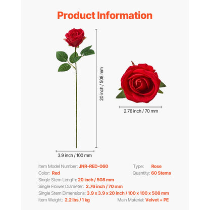 VEVOR 60 Pcs Red Roses Artificial Flowers Realistic Bouquet for Xmas Home Decor