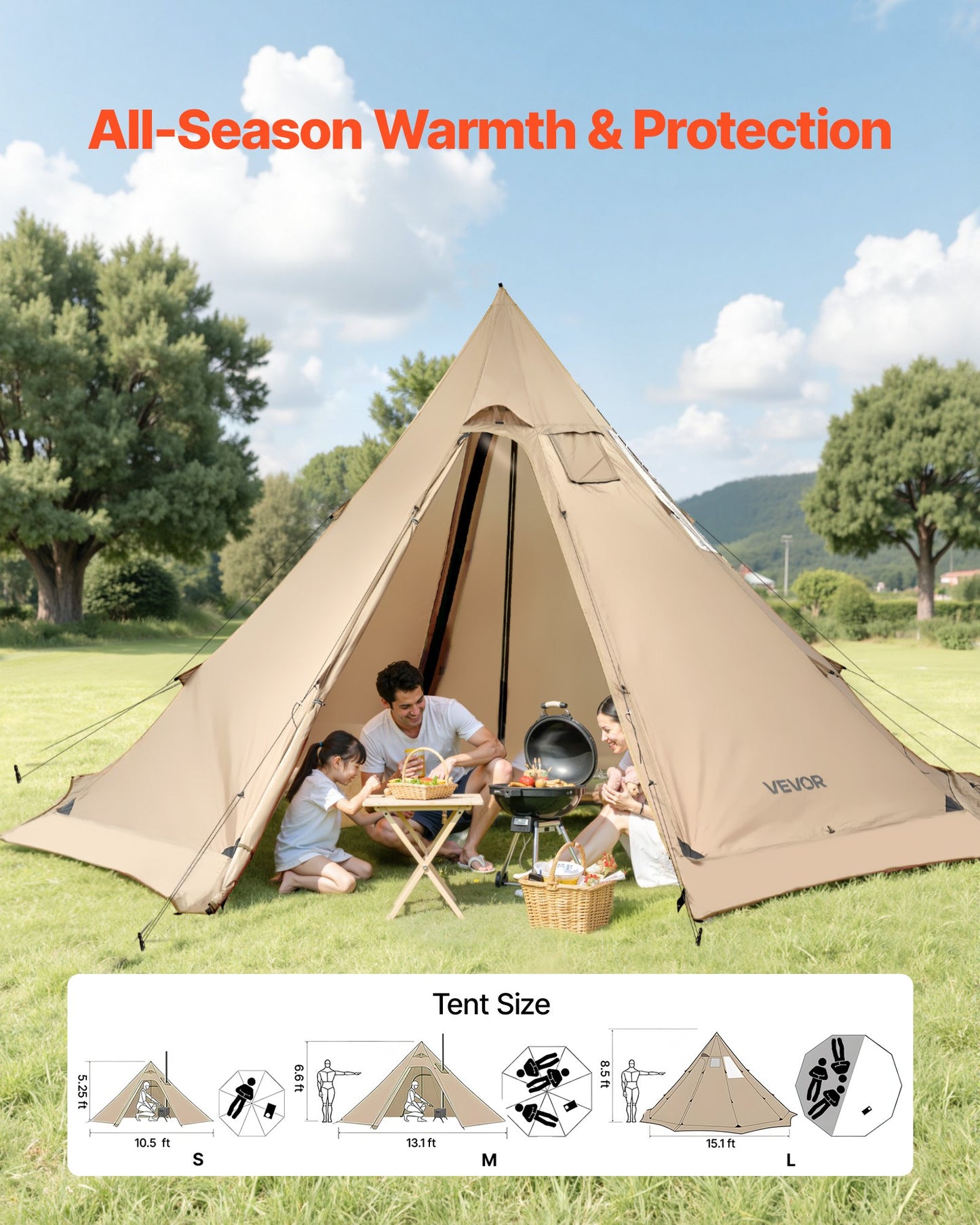 Hot Tent for 4-6 Persons, Portable Winter Tipi Tent with Stove Jack, Waterproof Canvas Camping Tents, Lightweight 4 Season Shelter Tents for Hiking Fishing Backpacking, L Size