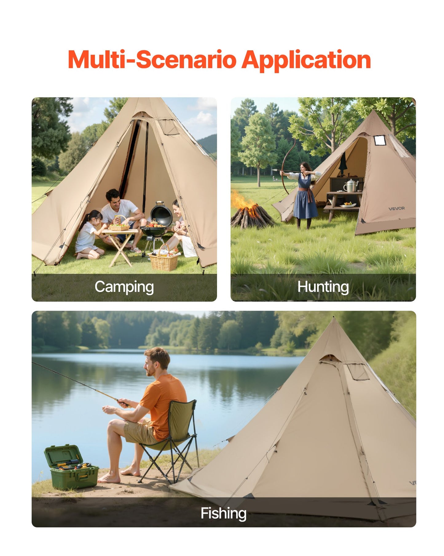 Hot Tent for 4-6 Persons, Portable Winter Tipi Tent with Stove Jack, Waterproof Canvas Camping Tents, Lightweight 4 Season Shelter Tents for Hiking Fishing Backpacking, L Size