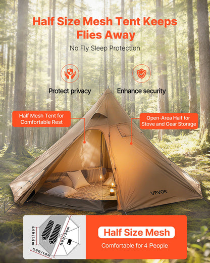 Hot Tent for 4 Persons, Camping Tipi Hot Tents with Stove Jack & Inner Tent, Portable Winter Camping Tents with Snow Skirt, Easy Setup, Waterproof 4 Season Shelter Tents for Fishing Backpacking