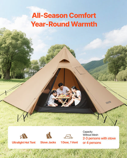 Hot Tent for 4 Persons, Camping Tipi Hot Tents with Stove Jack & Inner Tent, Portable Winter Camping Tents with Snow Skirt, Easy Setup, Waterproof 4 Season Shelter Tents for Fishing Backpacking