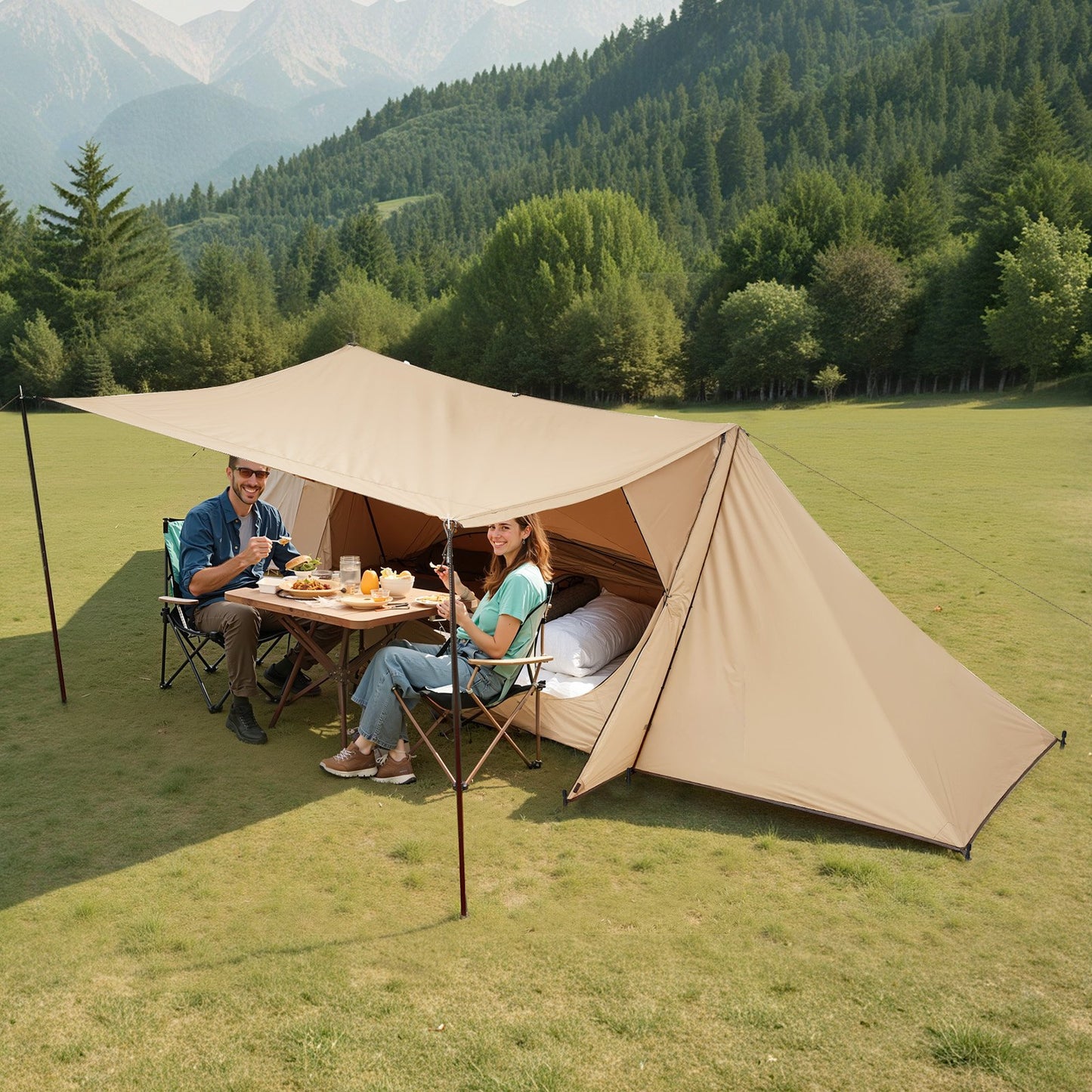 Camping Hot Tent, Lightweight Bushcraft Tent with Stove Jack & 2 Tarp Poles, Waterproof Winter Hot Tents Shelters, Portable 4 Season Tents for 2 Persons Hiking Fishing Hunting Backpacking