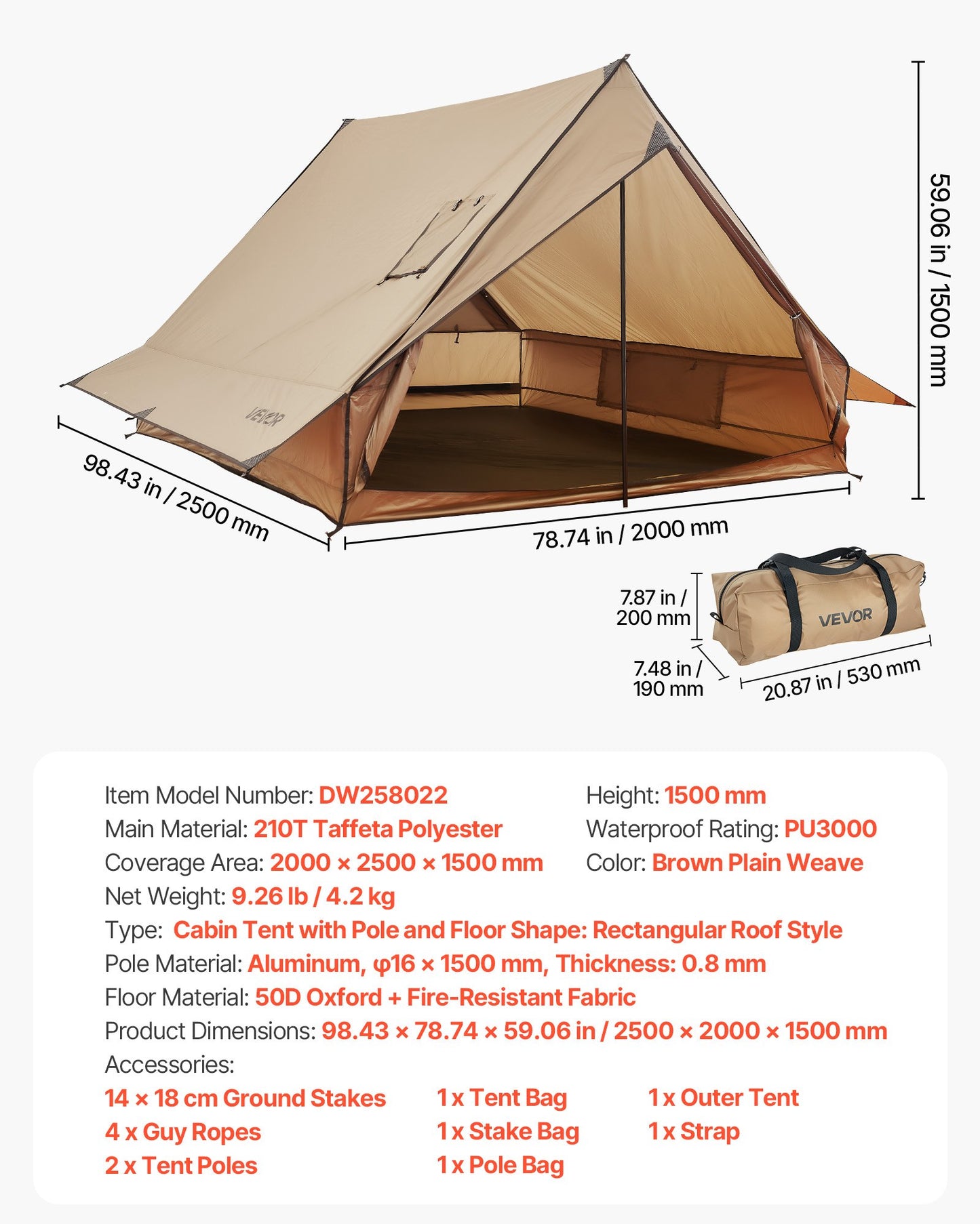 Camping Hot Tent, 2 Persons Cabin Tent with Stove Jack & Poles, Waterproof Winter Tents Shelters with Fireproof Ground Mat, Portable 4 Season Tents for Hiking Fishing Hunting Backpacking