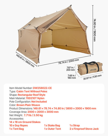 Camping Hot Tent, 2 Persons Cabin Hot Tent with Stove Jack, Waterproof Winter Tents Shelters with Vents, Lightweight & Portable 4 Season Tents for Hiking Fishing Hunting Backpacking