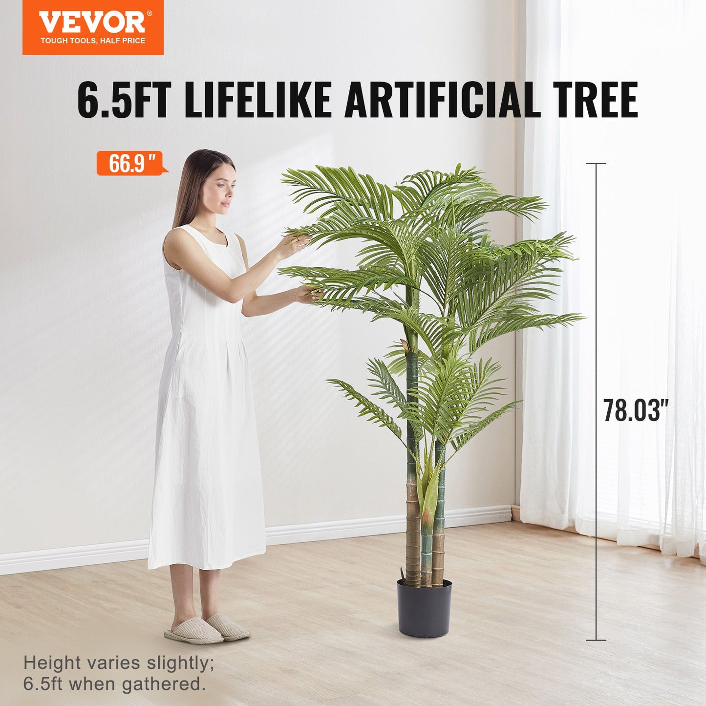 VEVOR Artificial Gold Cane Palm Tree, 2m Tall Faux Plant, PE Material & Anti-Tip