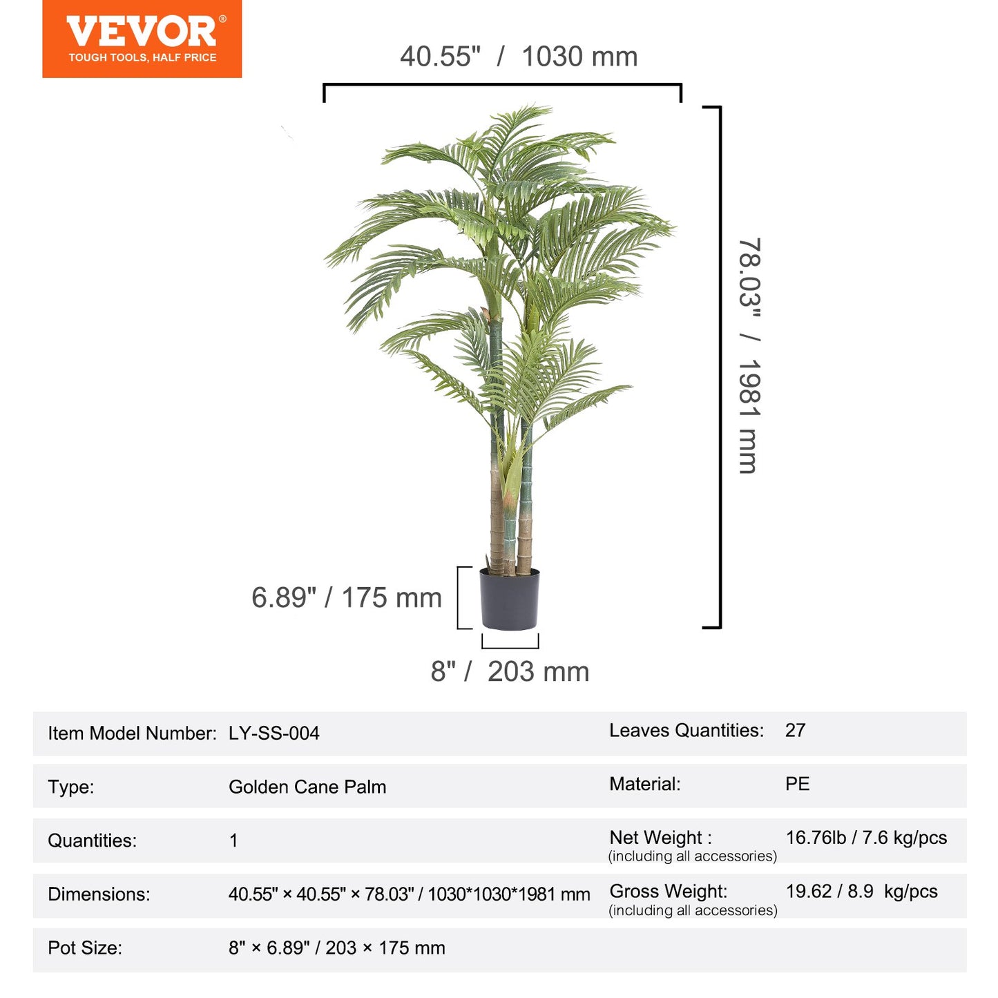VEVOR Artificial Gold Cane Palm Tree, 2m Tall Faux Plant, PE Material & Anti-Tip