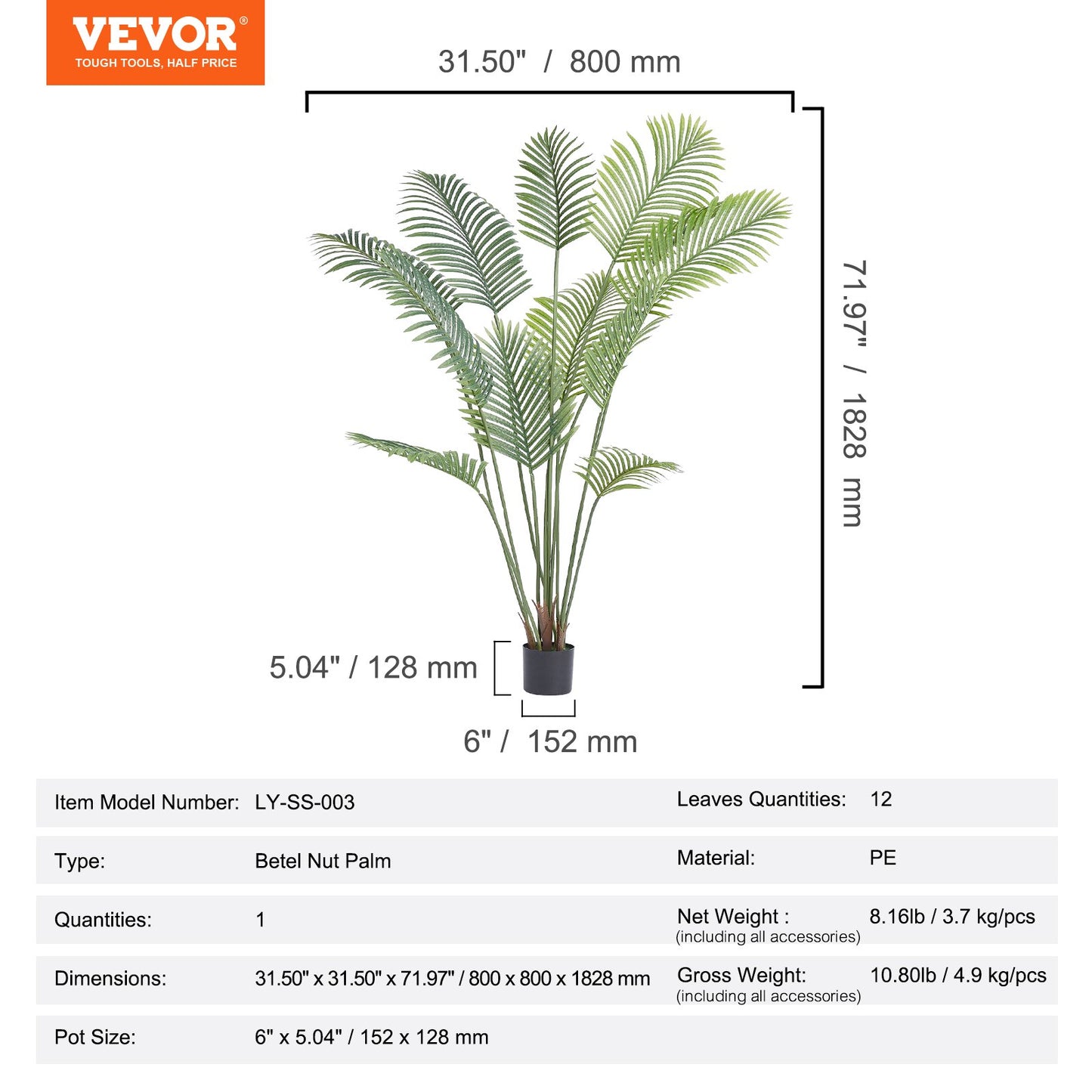 VEVOR Artificial Palm Tree, 1.8mTall Faux Plant, Secure PE Material & Anti-Tip Tilt