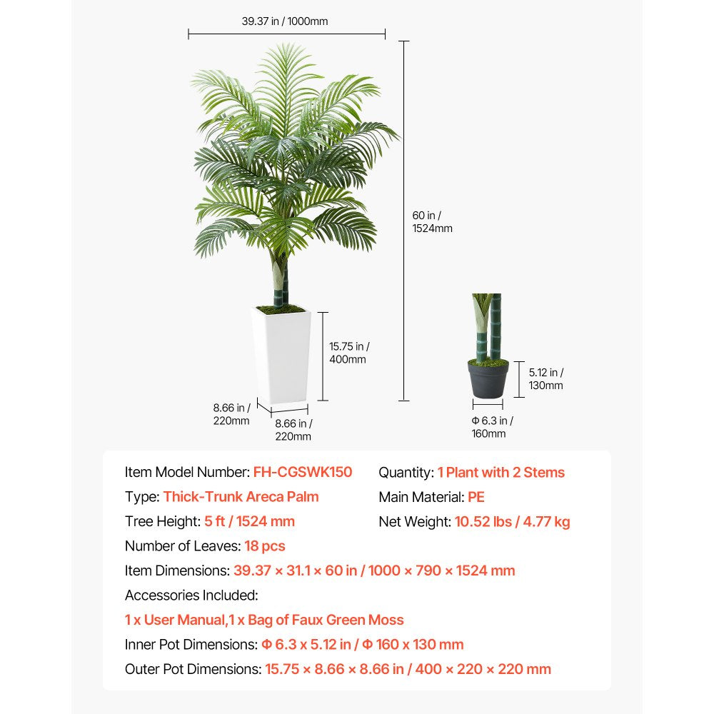 Artificial Areca Palm Tree 1524 mm, Fake Palm Tropical Plants with White Tall Planter, Faux Floor Silk Plant in Pot, Large Trees for Home Office Living Room Decor House Warming, Indoor Outdoor