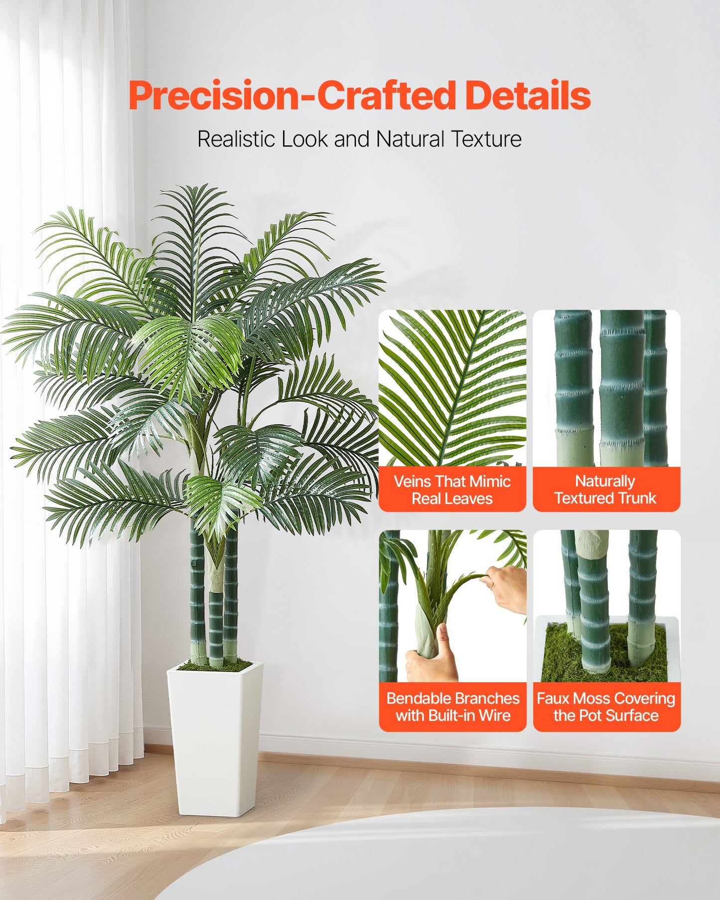 Artificial Areca Palm Tree 1829 mm, Fake Palm Tropical Plants with White Tall Planter, Faux Floor Silk Plant in Pot, Large Trees for Home Office Living Room Decor House Warming, Indoor Outdoor