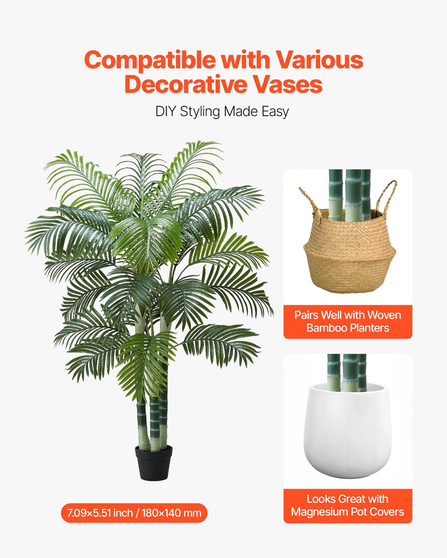 Artificial Areca Palm Tree 1829 mm, Fake Palm Tropical Plants with White Tall Planter, Faux Floor Silk Plant in Pot, Large Trees for Home Office Living Room Decor House Warming, Indoor Outdoor