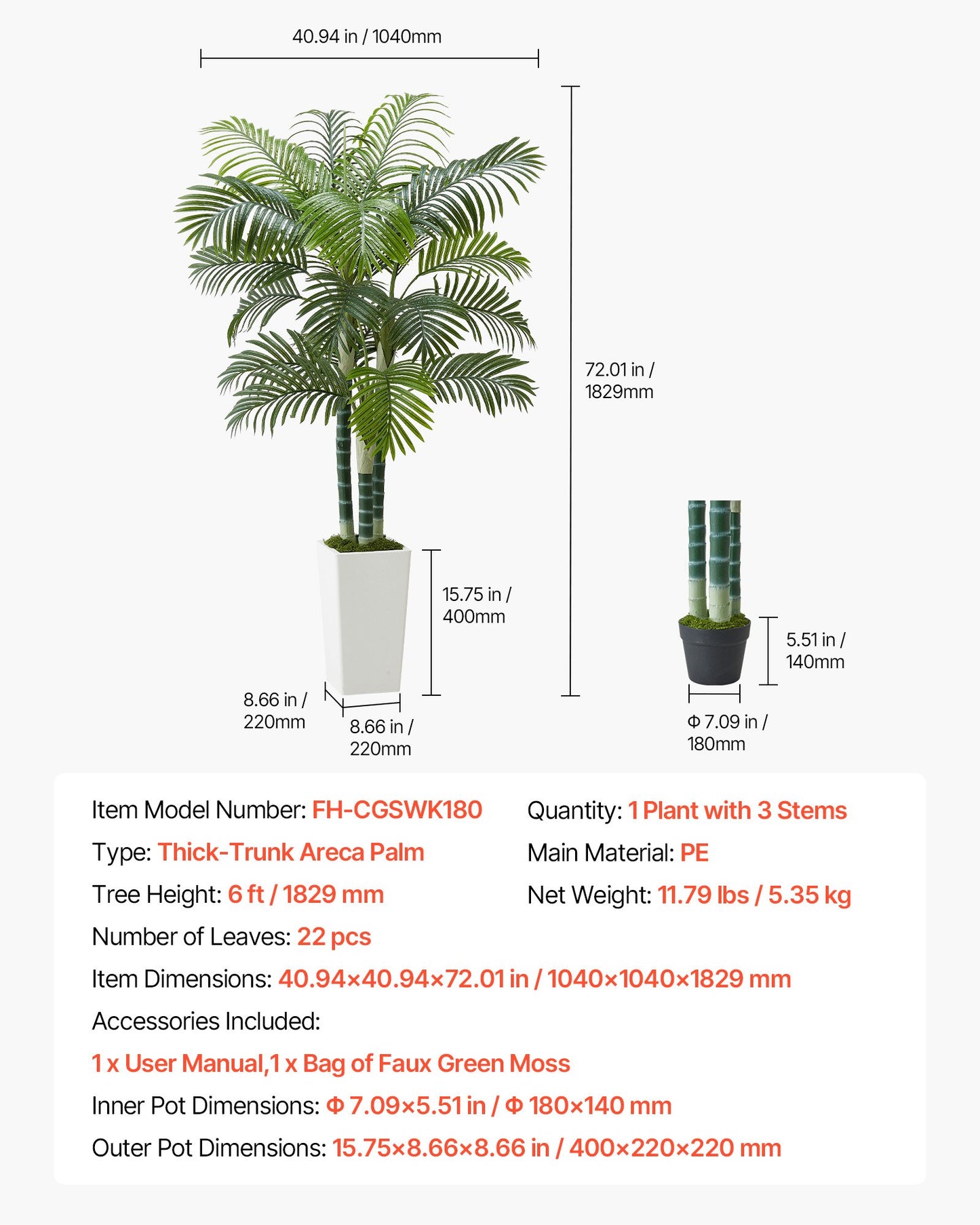 Artificial Areca Palm Tree 1829 mm, Fake Palm Tropical Plants with White Tall Planter, Faux Floor Silk Plant in Pot, Large Trees for Home Office Living Room Decor House Warming, Indoor Outdoor
