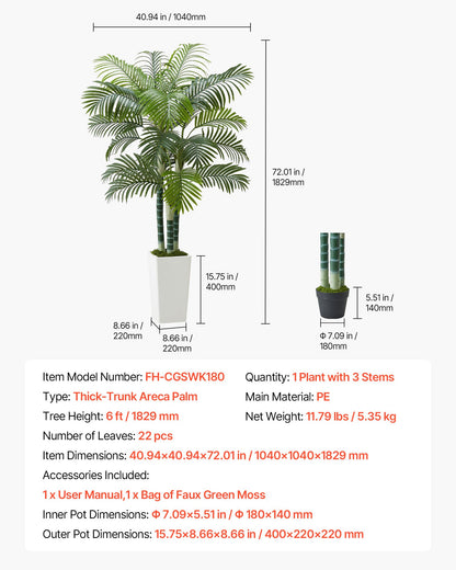 Artificial Areca Palm Tree 1829 mm, Fake Palm Tropical Plants with White Tall Planter, Faux Floor Silk Plant in Pot, Large Trees for Home Office Living Room Decor House Warming, Indoor Outdoor