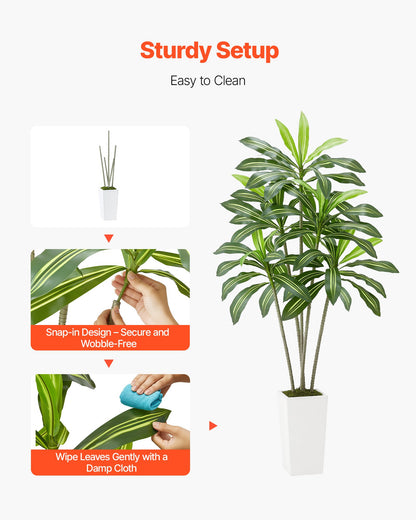 Artificial Dracaena Tree 1829 mm, Fake Palm Tropical Plants with White Tall Planter, Faux Floor Silk Plant in Pot, Large Trees for Home Office Living Room Decor House Warming, Indoor Outdoor