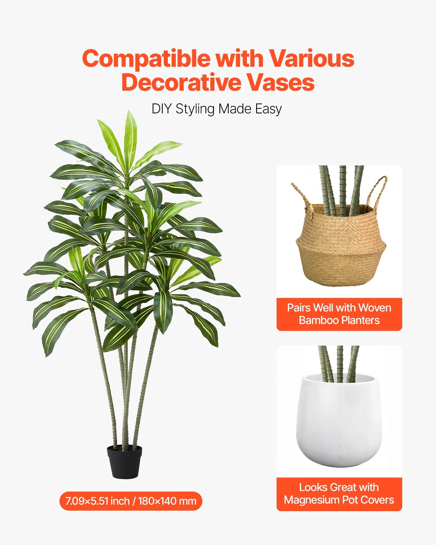 Artificial Dracaena Tree 1829 mm, Fake Palm Tropical Plants with White Tall Planter, Faux Floor Silk Plant in Pot, Large Trees for Home Office Living Room Decor House Warming, Indoor Outdoor