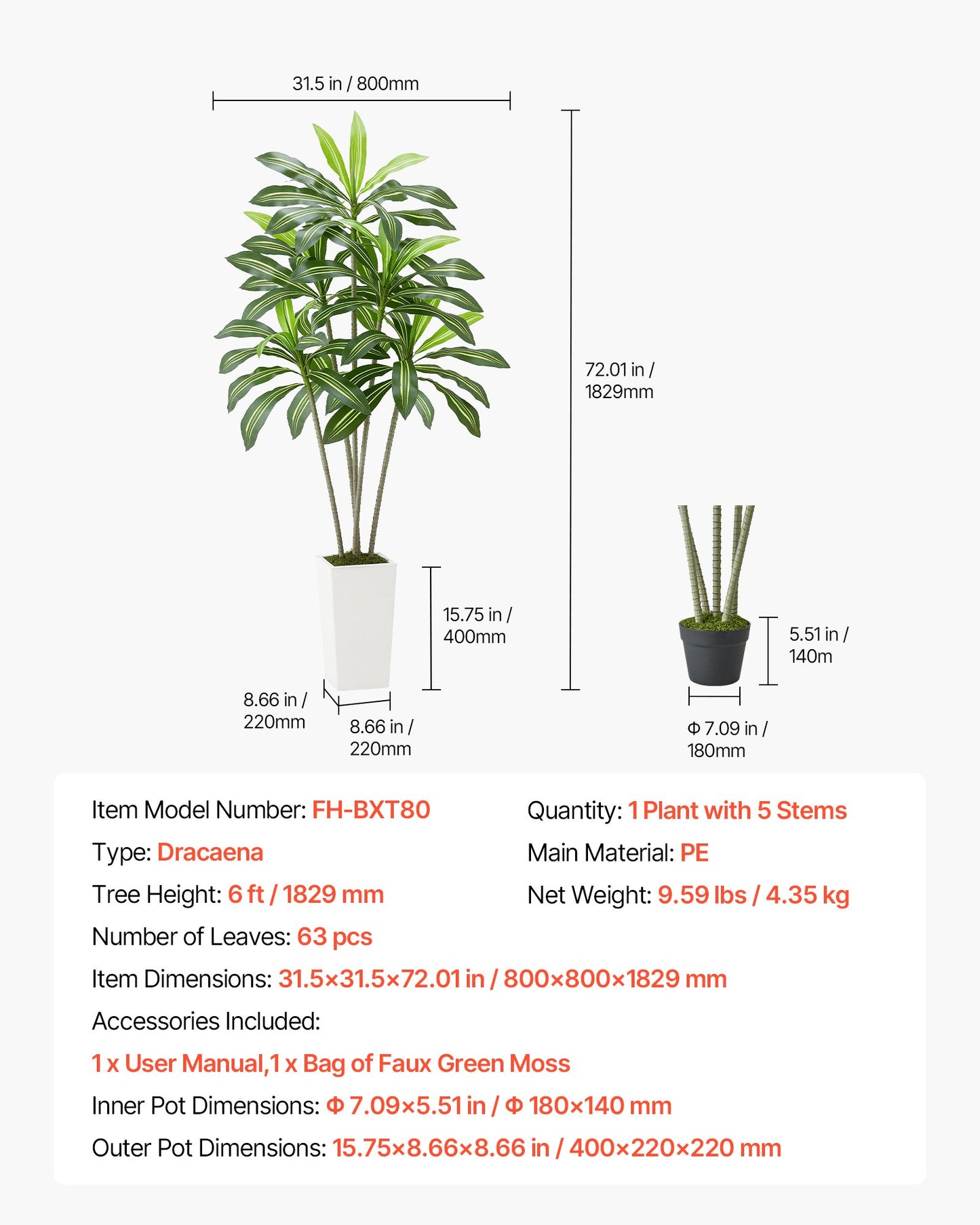 Artificial Dracaena Tree 1829 mm, Fake Palm Tropical Plants with White Tall Planter, Faux Floor Silk Plant in Pot, Large Trees for Home Office Living Room Decor House Warming, Indoor Outdoor