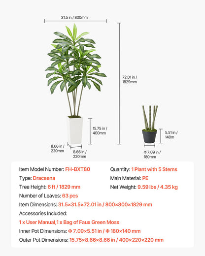 Artificial Dracaena Tree 1829 mm, Fake Palm Tropical Plants with White Tall Planter, Faux Floor Silk Plant in Pot, Large Trees for Home Office Living Room Decor House Warming, Indoor Outdoor