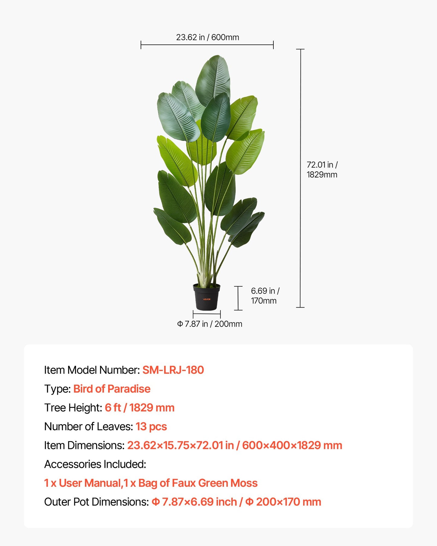 Artificial Bird of Paradise 1829 mm Tall, Fake Tropical Plants with with 13 Trunks & White Pot, Faux Floor Silk Tree, Large Trees for Home Office Living Room Decor House Warming, Indoor Outdoor