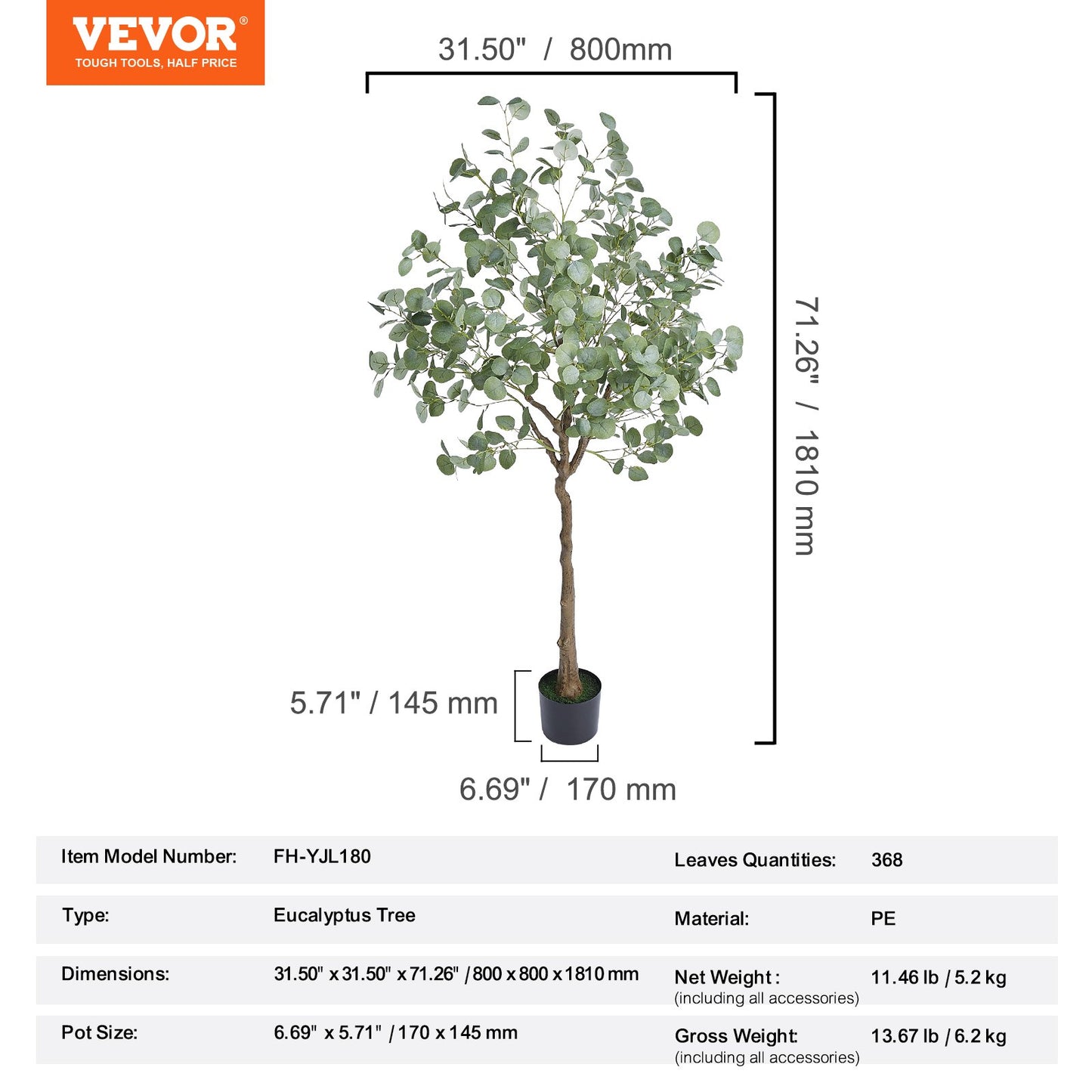 VEVOR Artificial Eucalyptus Tree, 15.2cm Tall Faux Plant, Secure PE Material & Anti-Tip