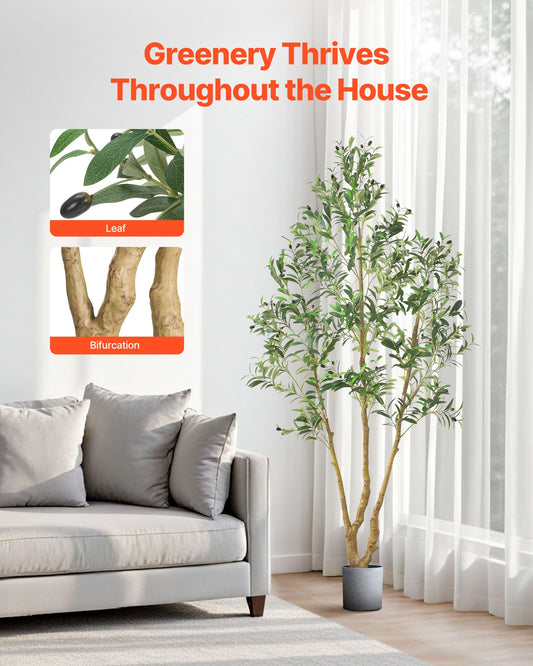 210cm Artificial Olive Tree with Black Pot, Tall Fake Tree with Natural Wood Trunk & Realistic Green Leaves and Fruits, Indoor Faux Plant for Home, Office, Living Room, Corner Decor