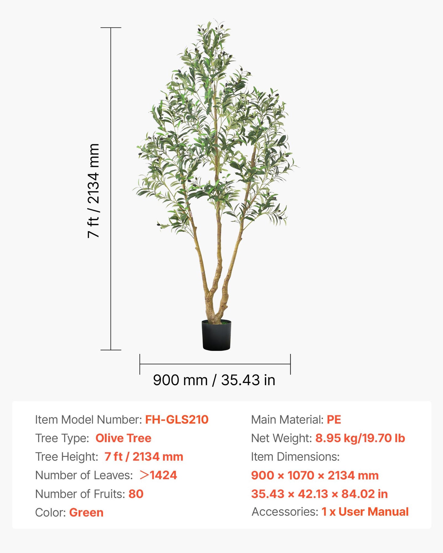 210cm Artificial Olive Tree with Black Pot, Tall Fake Tree with Natural Wood Trunk & Realistic Green Leaves and Fruits, Indoor Faux Plant for Home, Office, Living Room, Corner Decor