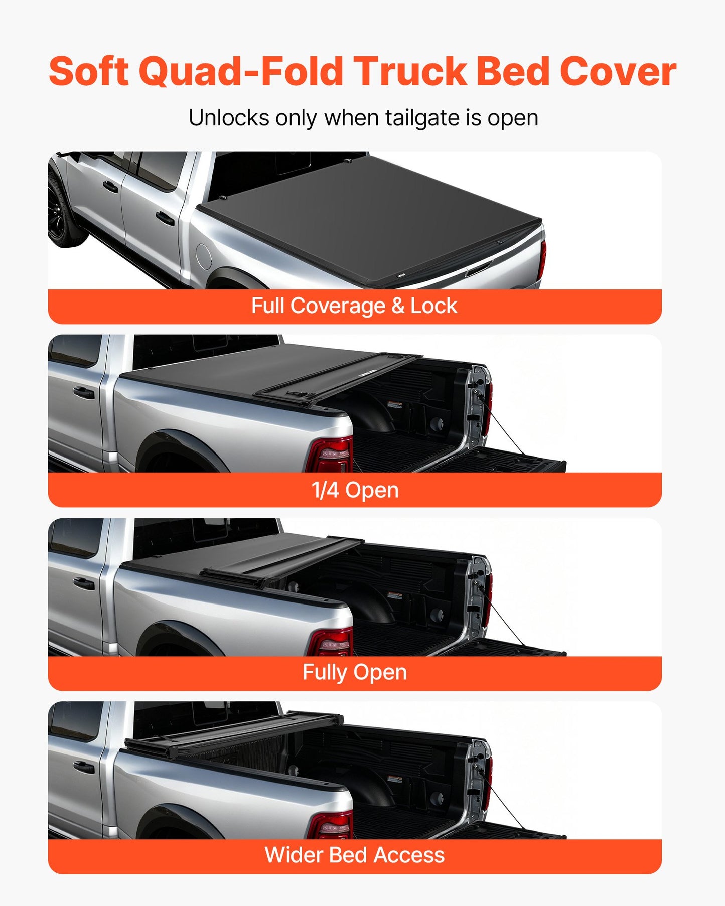 Soft Quad-Fold Truck Bed Tonneau Cover, Compatible with 2019-2024 Dodge Ram 1500 (Incl. Classic & New) 193 cm Bed Without Rambox, Split Tailgate, Waterproof Soft Folding Truck Tonneau Cover