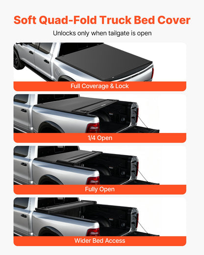 Soft Quad-Fold Truck Bed Tonneau Cover, Compatible with 2019-2024 Dodge Ram 1500 (Incl. Classic & New) 193 cm Bed Without Rambox, Split Tailgate, Waterproof Soft Folding Truck Tonneau Cover