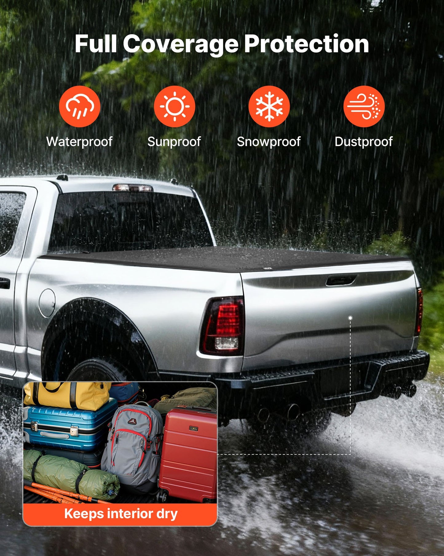 Soft Quad-Fold Truck Bed Tonneau Cover, Compatible with 2019-2024 Dodge Ram 1500 (Incl. Classic & New) 193 cm Bed Without Rambox, Split Tailgate, Waterproof Soft Folding Truck Tonneau Cover