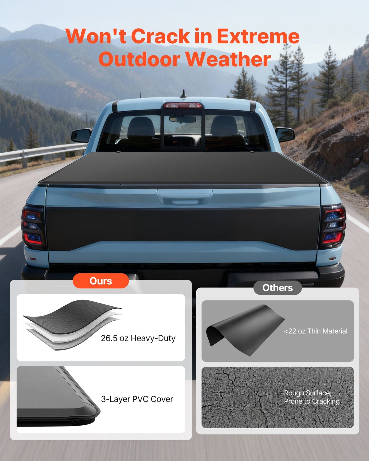 Soft Tri-Fold Truck Bed Tonneau Cover, Compatible with 2016-2023 Toyota Tacoma (Excl. Trail Edition) 153.7 cm Bed with Track Rail System, Fleetside, Waterproof Soft Folding Truck Tonneau Cover