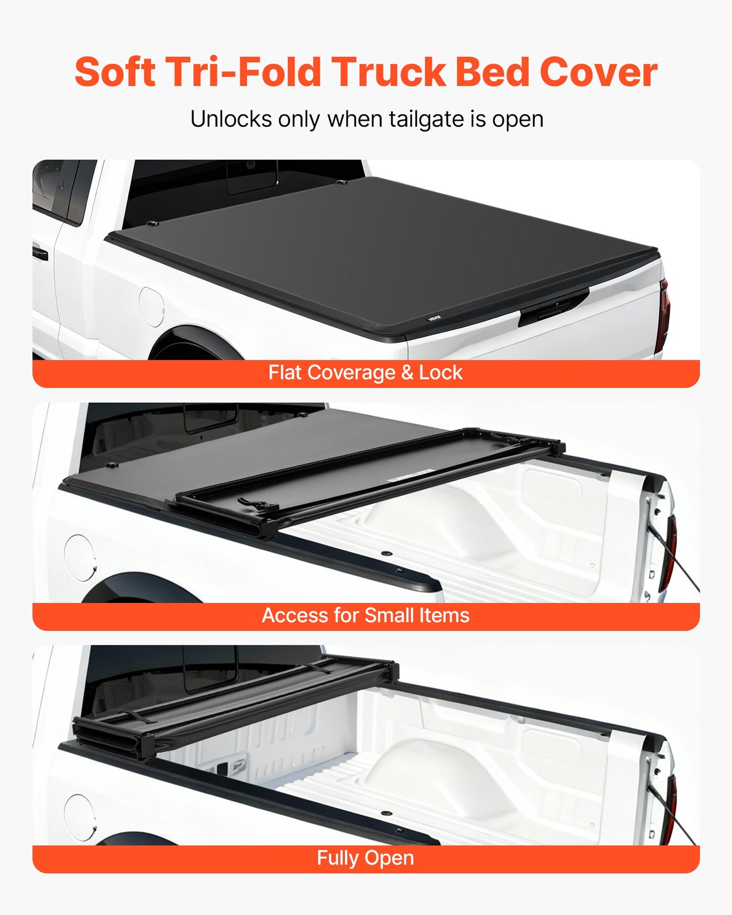 Soft Tri-Fold Truck Bed Tonneau Cover, Compatible with 2015-2025 Ford F-150 170.4 cm Bed, Waterproof Soft Folding Truck Tonneau Cover with Heavy-Duty 3-Layer PVC and Aluminum Alloy Support Bar