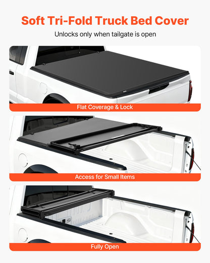 Soft Tri-Fold Truck Bed Tonneau Cover, Compatible with 2015-2025 Ford F-150 170.4 cm Bed, Waterproof Soft Folding Truck Tonneau Cover with Heavy-Duty 3-Layer PVC and Aluminum Alloy Support Bar
