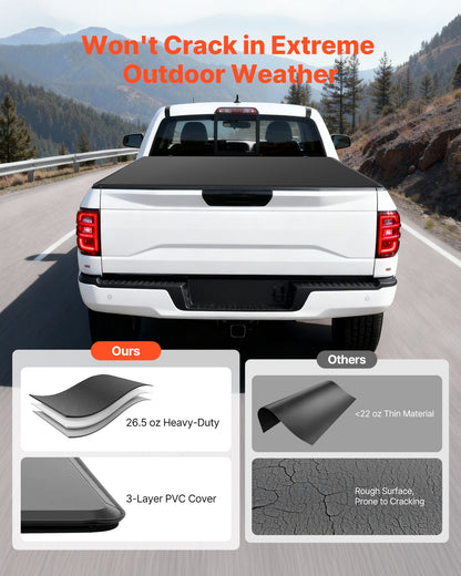Soft Tri-Fold Truck Bed Tonneau Cover, Compatible with 2015-2025 Ford F-150 170.4 cm Bed, Waterproof Soft Folding Truck Tonneau Cover with Heavy-Duty 3-Layer PVC and Aluminum Alloy Support Bar