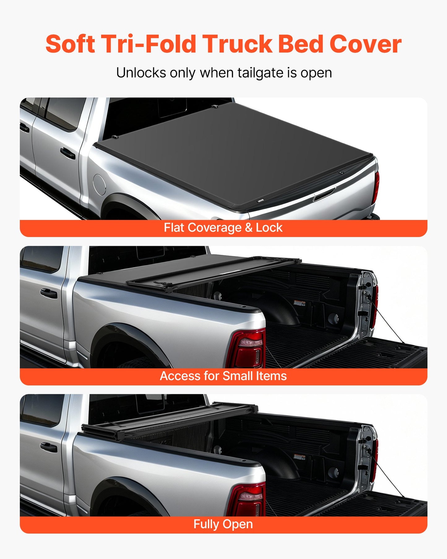 Soft Tri-Fold Truck Bed Tonneau Cover, Compatible with 2009-2025 Dodge Ram 1500 (Incl. Classic & New) 171.2 cm Bed, Fleetside Without Rambox, Split Tailgate, and Track System, Waterproof Folding