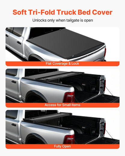 Soft Tri-Fold Truck Bed Tonneau Cover, Compatible with 2009-2025 Dodge Ram 1500 (Incl. Classic & New) 171.2 cm Bed, Fleetside Without Rambox, Split Tailgate, and Track System, Waterproof Folding