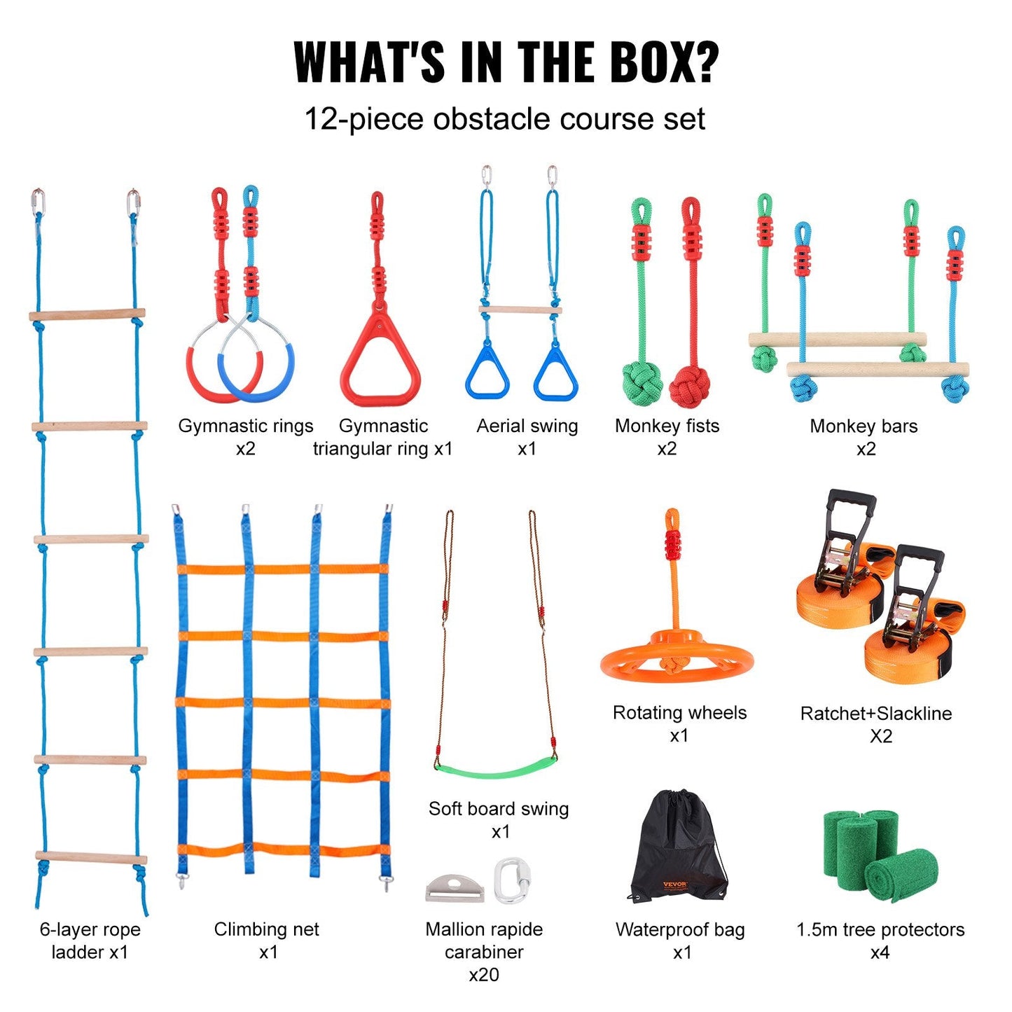 Kids Outdoor Ninja Warrior Obstacle Course, 2 x 15.24 m Slacklines, 226 kg Capacity