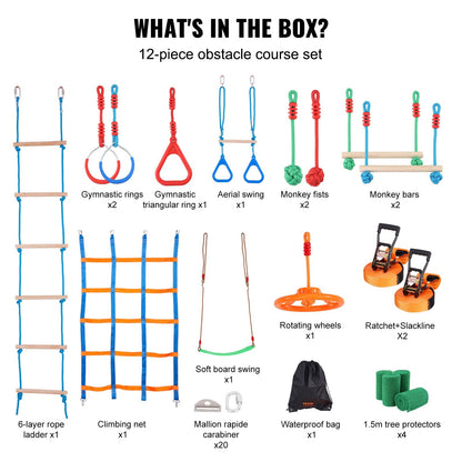Kids Outdoor Ninja Warrior Obstacle Course, 2 x 15.24 m Slacklines, 226 kg Capacity