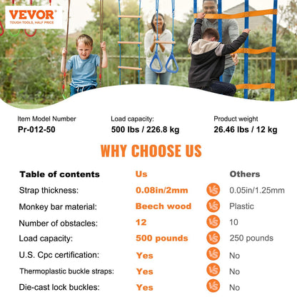 Kids Outdoor Ninja Warrior Obstacle Course, 2 x 15.24 m Slacklines, 226 kg Capacity