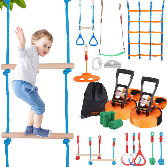 VEVOR Ninja Warrior Obstacle Course for Kids, 2 x 15.24 m Weatherproof Slacklines,