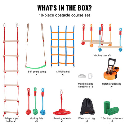 Kids Ninja Warrior Obstacle Course, 15.24m Weatherproof Slackline, 226.8kg Capacity