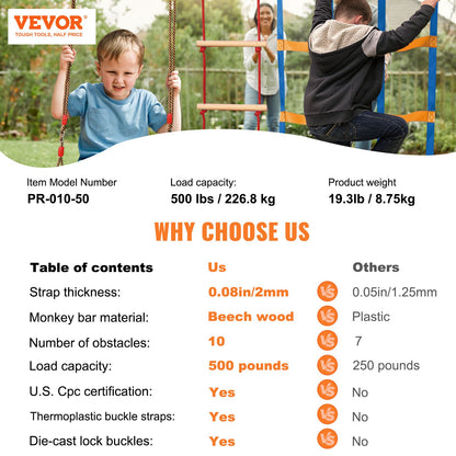 VEVOR Ninja Warrior Obstacle Course for Kids, 15.24 m Weatherproof Slacklines, 500lbs