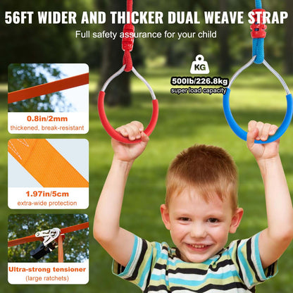 VEVOR Ninja Warrior Obstacle Course for Kids, 2 x 17m Weatherproof Slacklines, 227kg