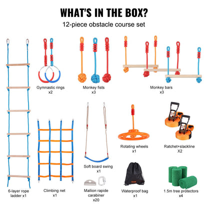 Kids Ninja Obstacle Course with 2 x 17m Slacklines, 227kg Capacity, Outdoor Playset