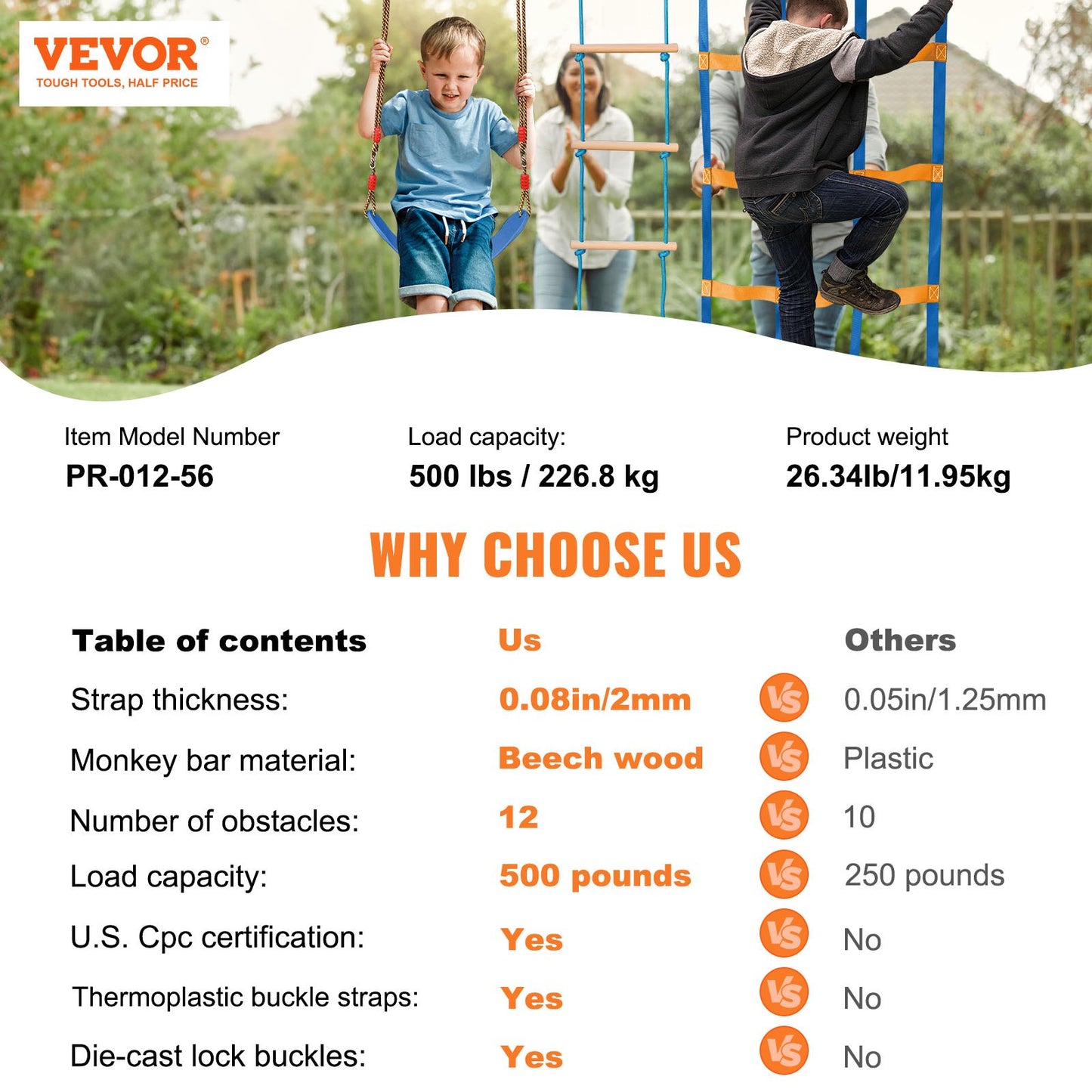 VEVOR Ninja Warrior Obstacle Course for Kids, 2 x 17m Weatherproof Slacklines, 227kg