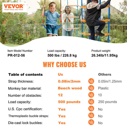 VEVOR Ninja Warrior Obstacle Course for Kids, 2 x 17m Weatherproof Slacklines, 227kg
