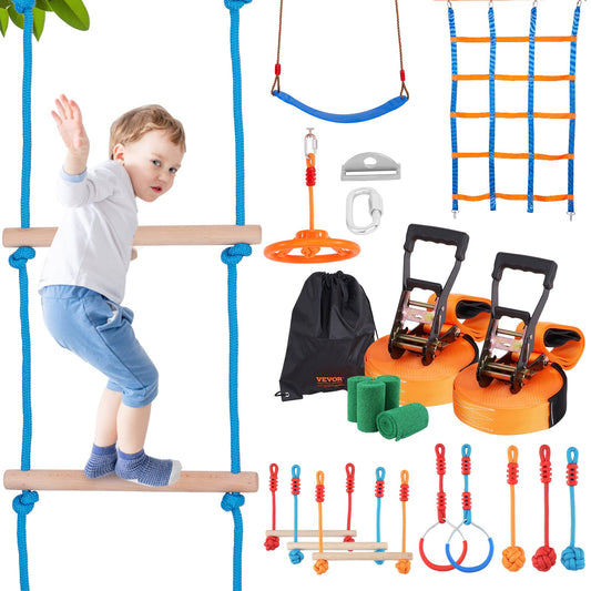 VEVOR Ninja Warrior Obstacle Course for Kids, 2 x 17m Weatherproof Slacklines, 227kg
