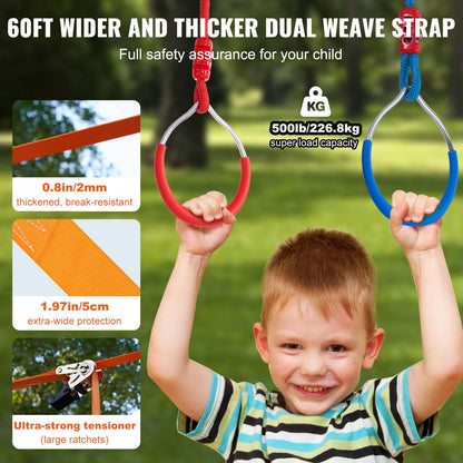 VEVOR Ninja Warrior Obstacle Course for Kids, 2 x 18.3 m Weatherproof Slacklines,
