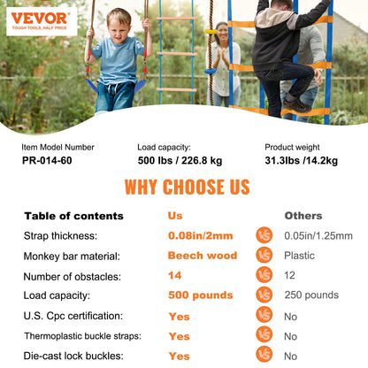 VEVOR Ninja Warrior Obstacle Course for Kids, 2 x 18.3 m Weatherproof Slacklines,