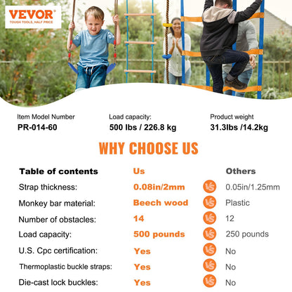Kids' Ninja Obstacle Course, Weatherproof Slacklines, 226 kg Capacity, 14 Obstacles