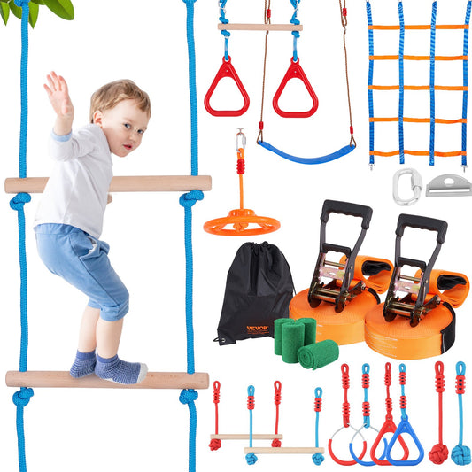VEVOR Ninja Warrior Obstacle Course for Kids, 2 x 18.3 m Weatherproof Slacklines,