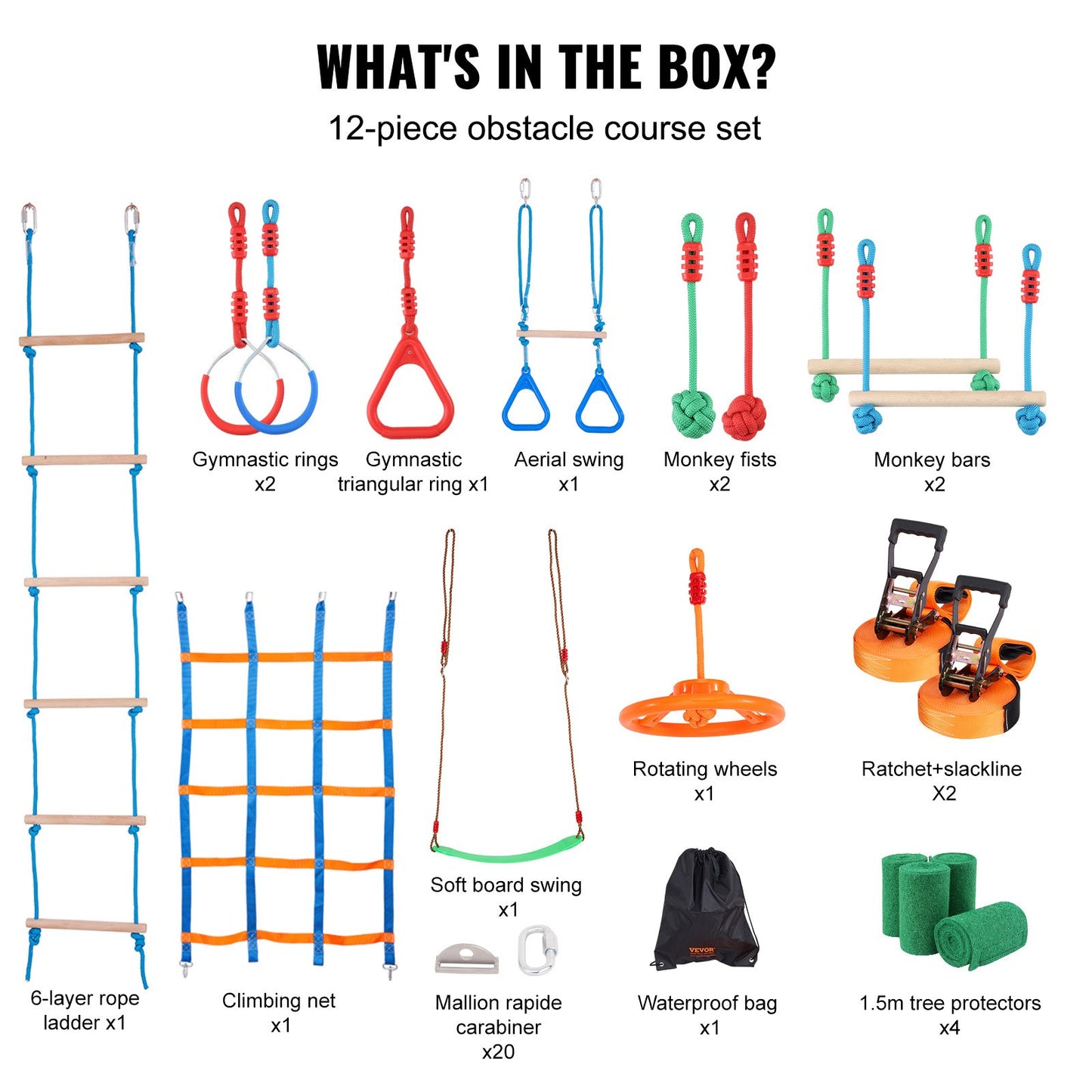 VEVOR Ninja Warrior Obstacle Course for Kids, 2 x 19.8m Weatherproof Slacklines,