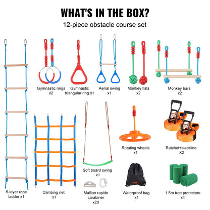 Kids Ninja Warrior Obstacle Course, 2x19.8m Slacklines, 226.8kg Capacity, 12 Obstacles